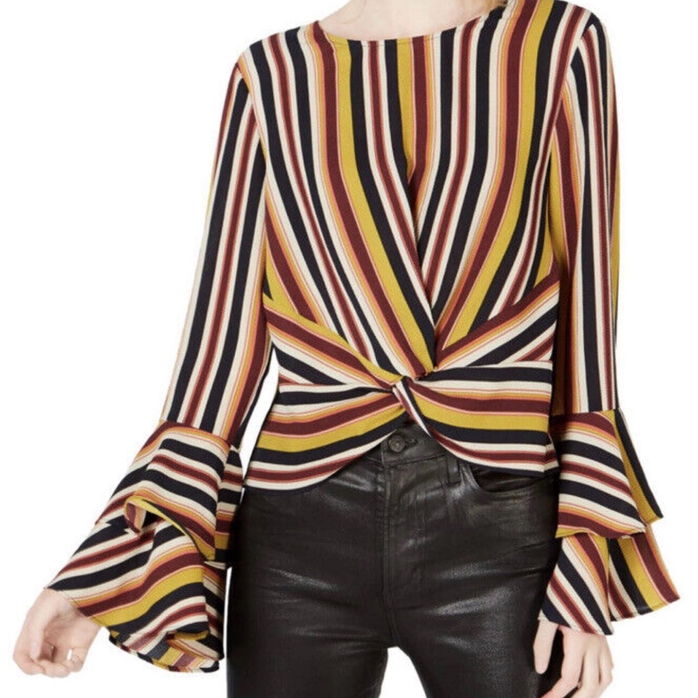 - BAR III striped cropped long sleeves blouse knot front size Medium NWOT